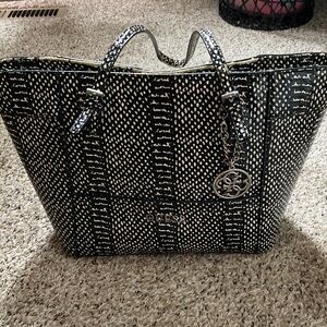 GUESS Black and White Patterned Tote with Logo Charm